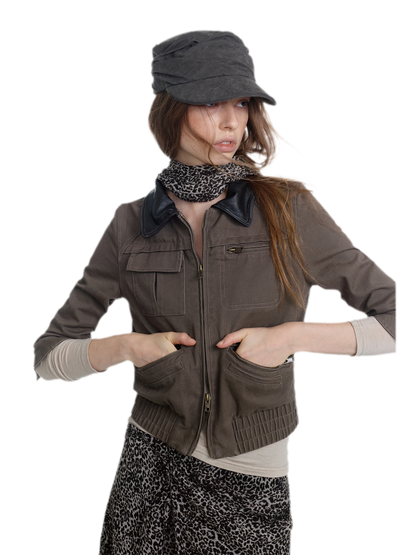 Washed Leather Cropped Cargo Jacket