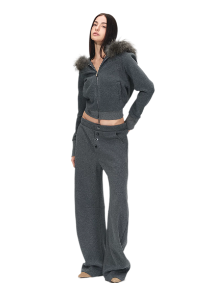 Detachable Fur Collar Fleece Hoodie &amp; Relaxed Pants