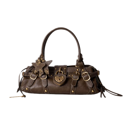 Textured Heart-Lock Top-Handle Bag