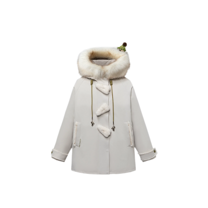 Doudoune mi-longue en duvet à boutons brandebourgs et effet peluche