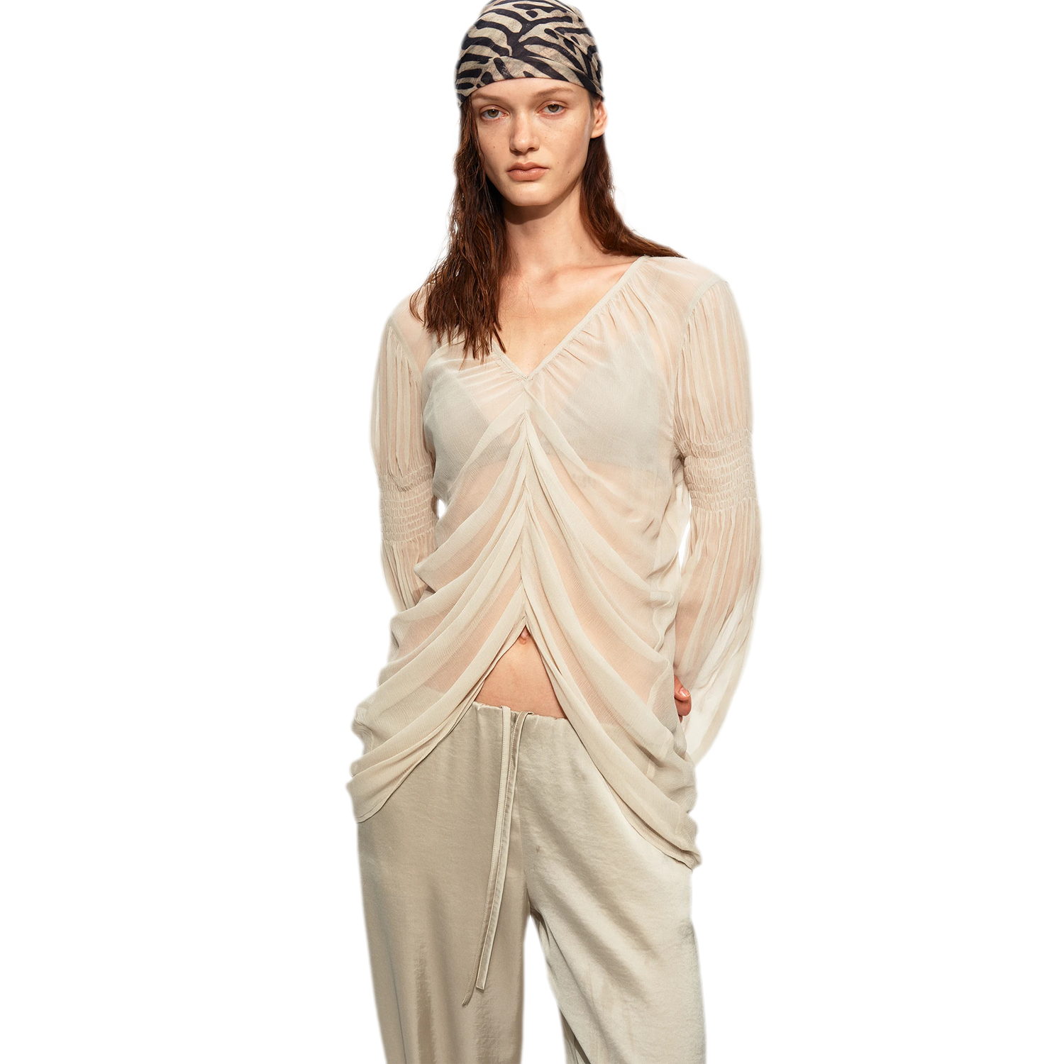 Pleated Bubble Sleeve Chiffon Blouse