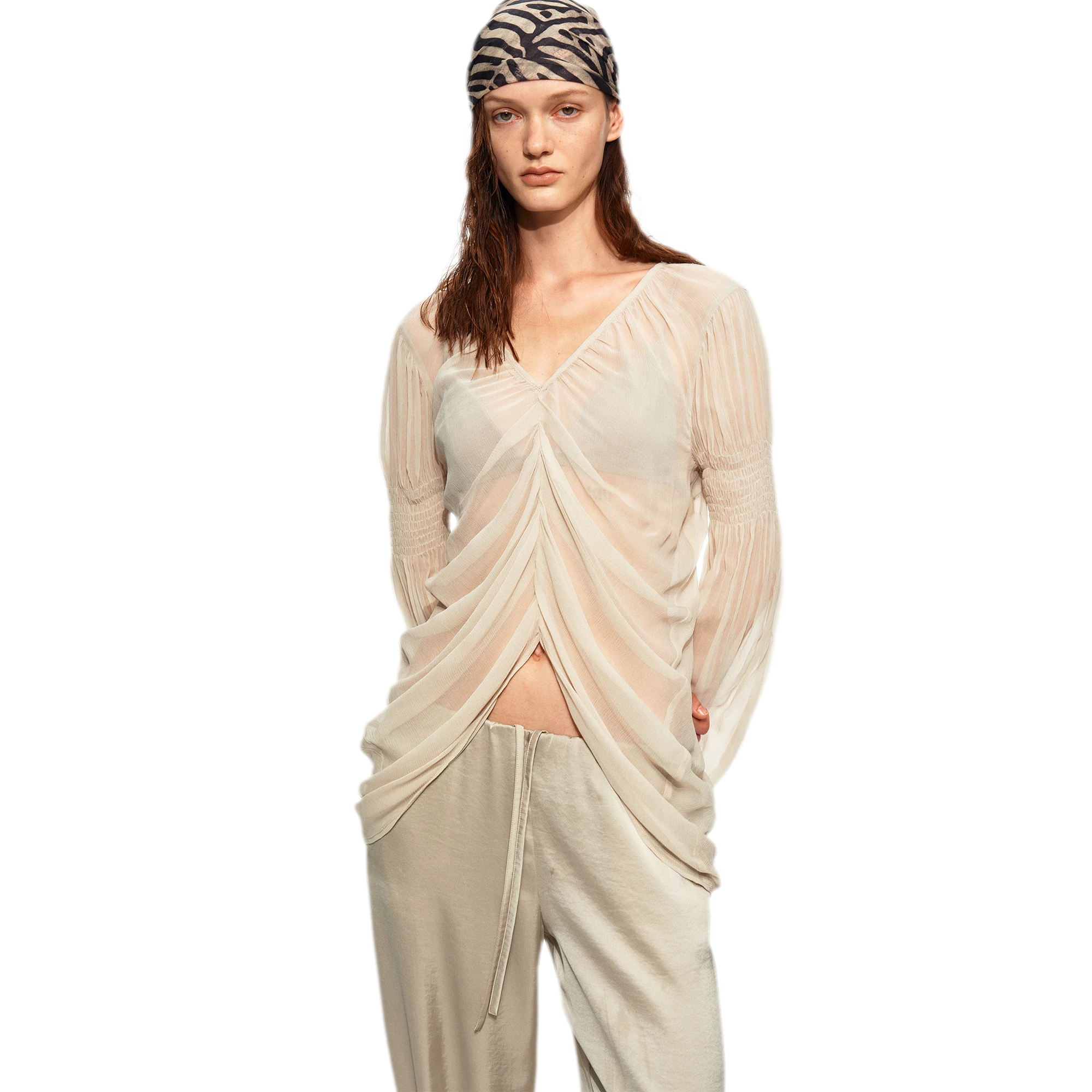 Pleated Bubble Sleeve Chiffon Blouse