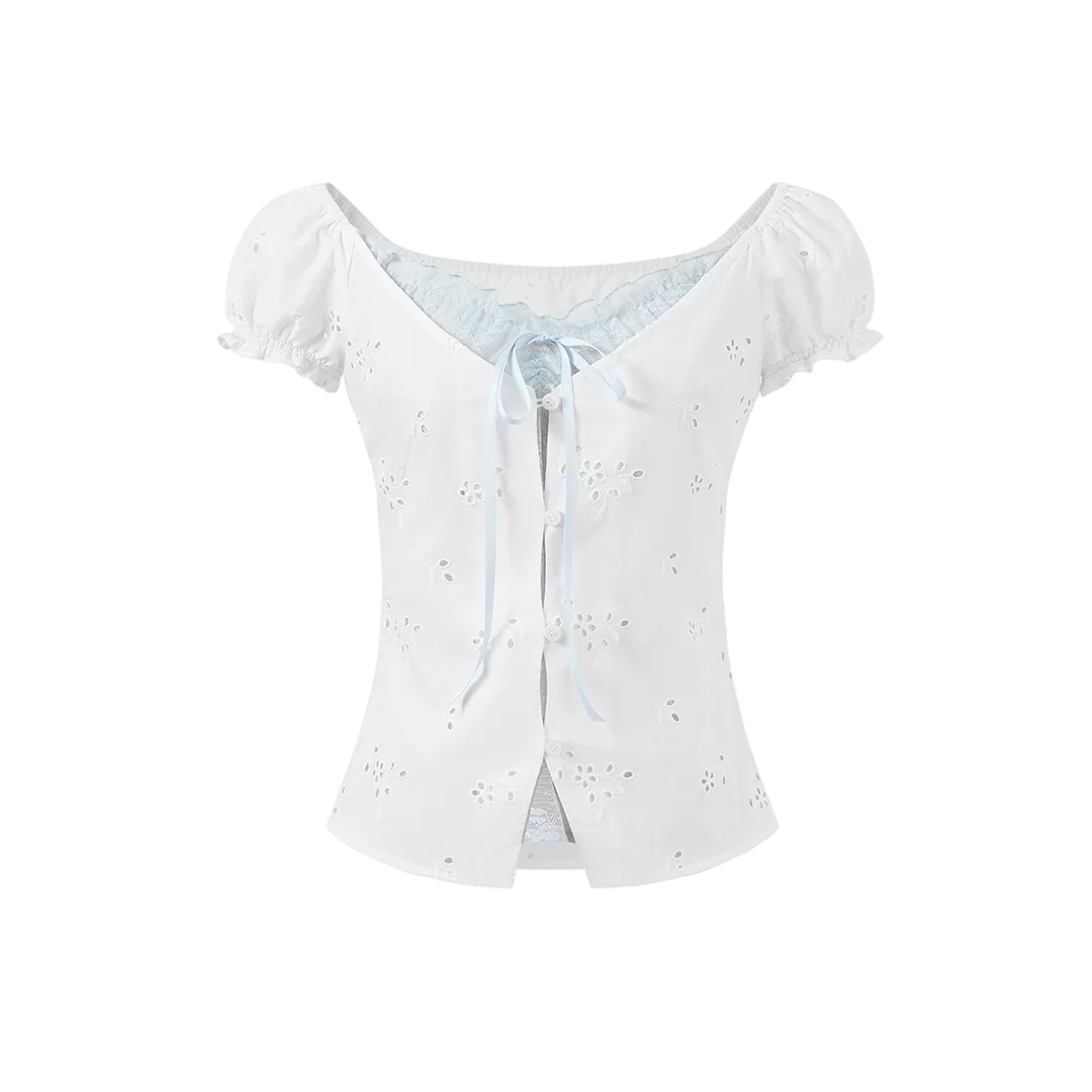 Sweet Elastic Puff Sleeve Lace Short Sleeve Top