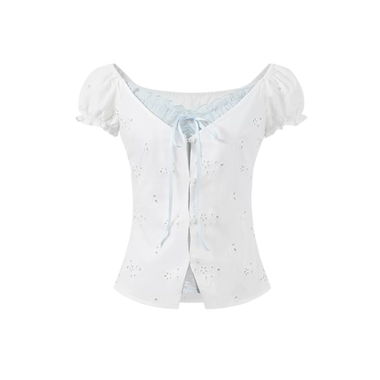 Sweet Elastic Puff Sleeve Lace Short Sleeve Top