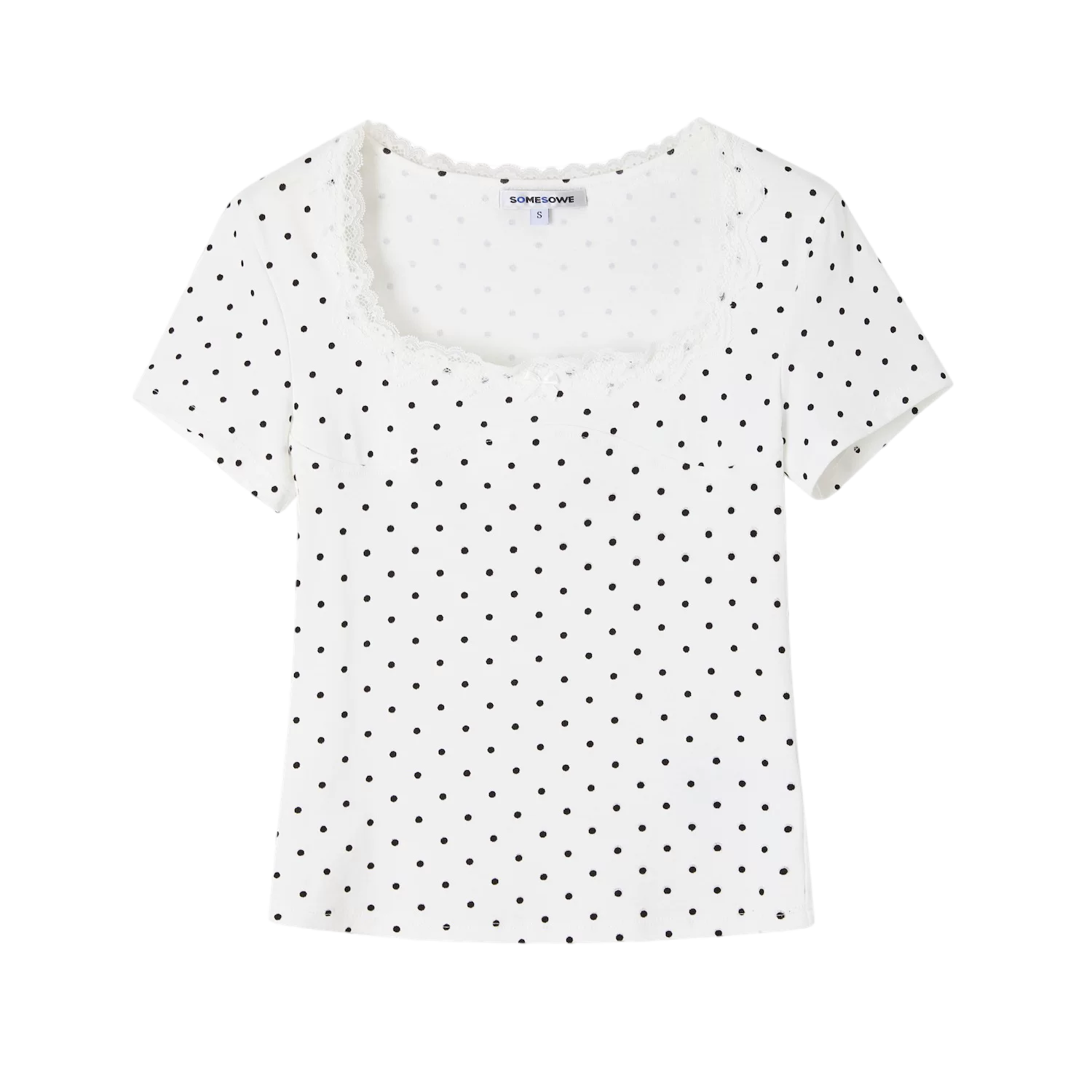 Square Neck Lace-Panel Slim T-shirt