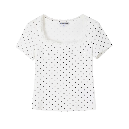 Square Neck Lace-Panel Slim T-shirt
