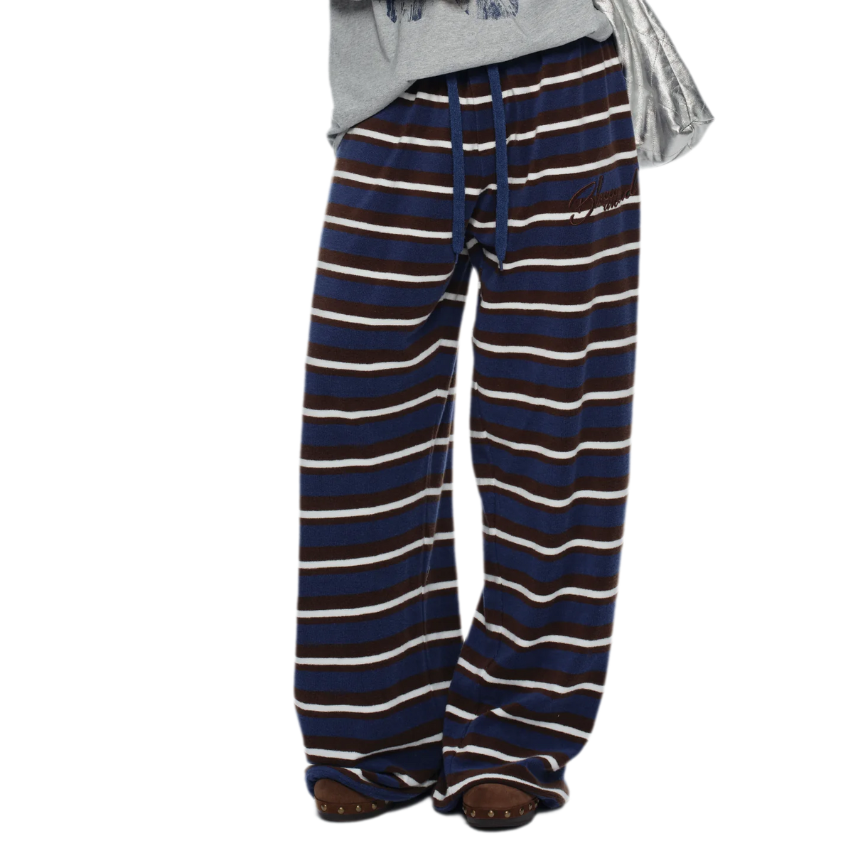 Embroidered Stripe Wide-Leg Pants
