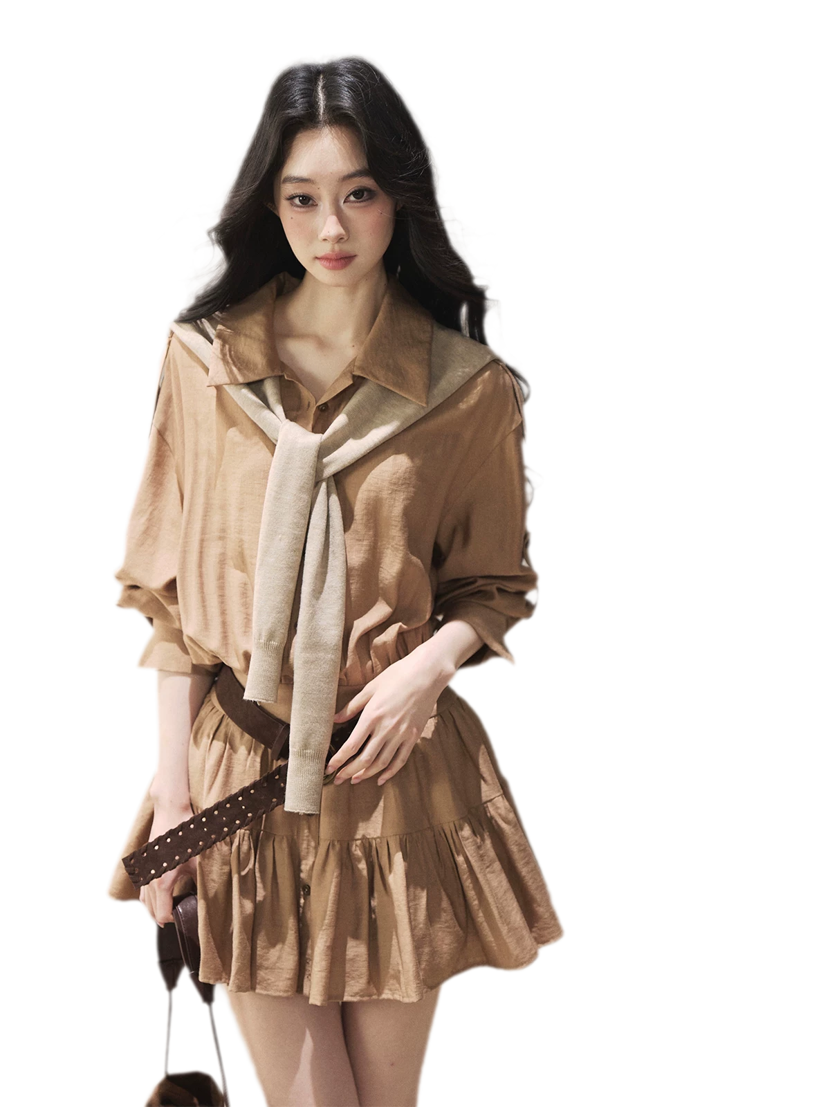 High-Waist Ruffle Shirt Dress