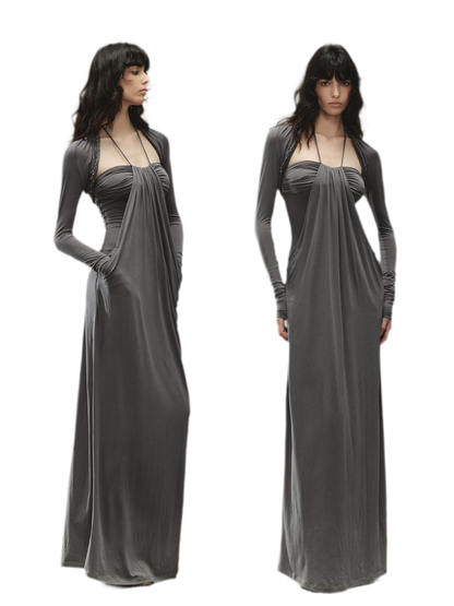 Laisel Handwoven Twist Metallic Chain Pleated Halter Dress