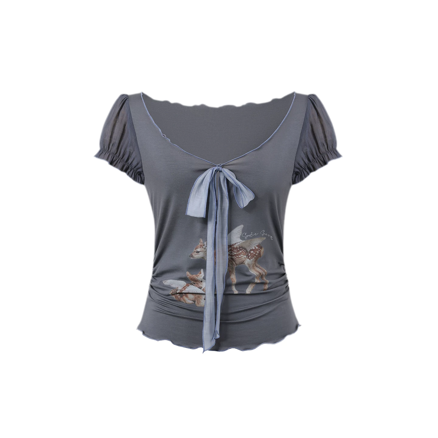 Korean Lyocell Deer Print Ribbon T-Shirt