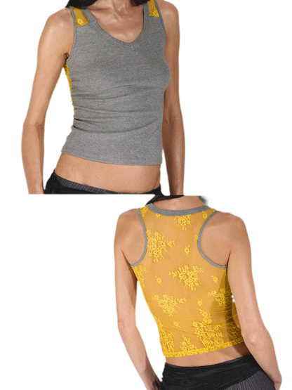 Lace Panel Slim Fit Striped Shoulder Vest Top