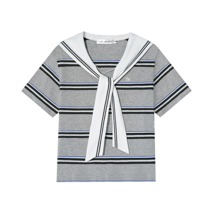 Navy Sailor Collar Tie-Striped Short T-shirt