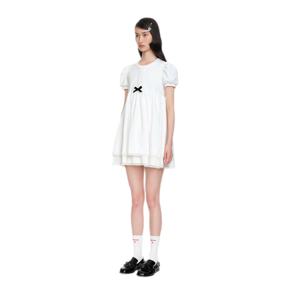 Cotton Puff Sleeve Bow Dress