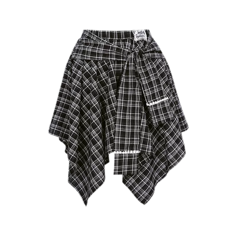 Asymmetric Lace Patchwork Plaid Skirt/Top
