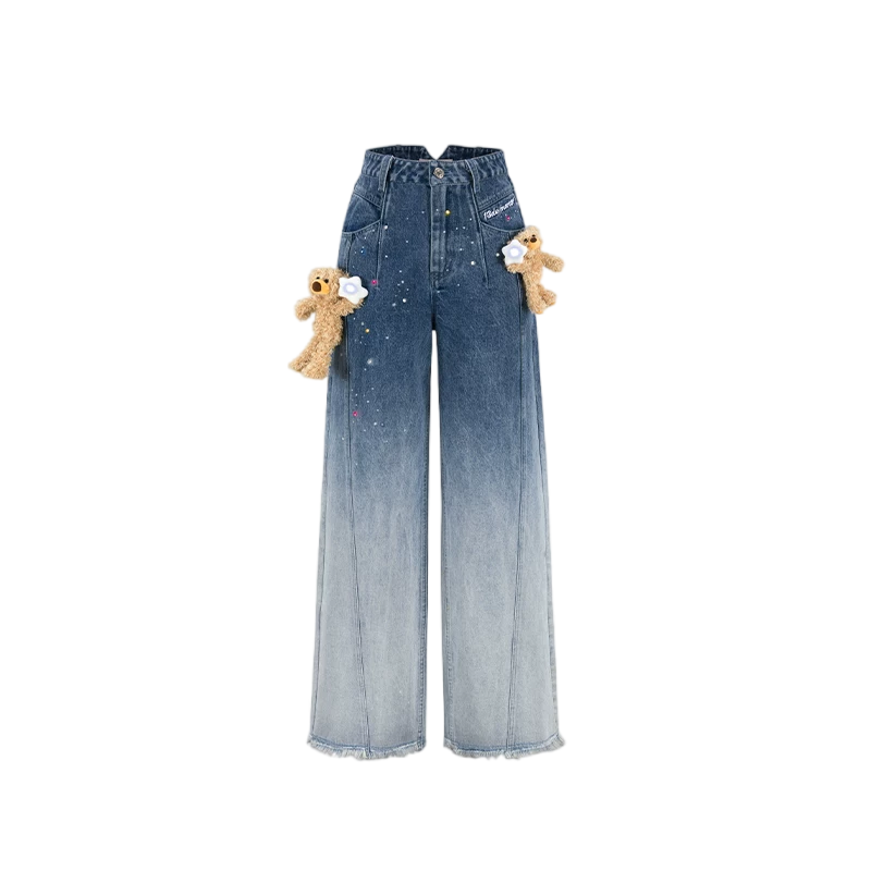 Unisex Glow Star Bear Wide-leg Casual Denim Pants