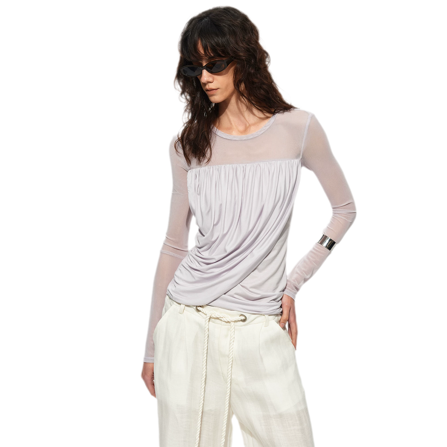 Draped Mesh Long Sleeve Tee