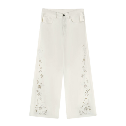 Embroidered Washed Wide-Leg Jeans