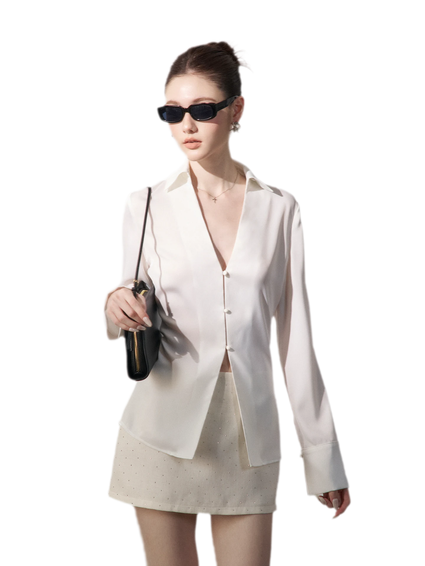 Satin Three-Button V-Neck Blouse