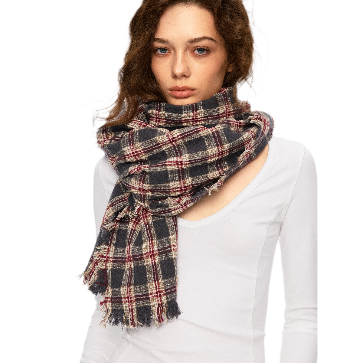 Wool Plaid Fringed Scarf