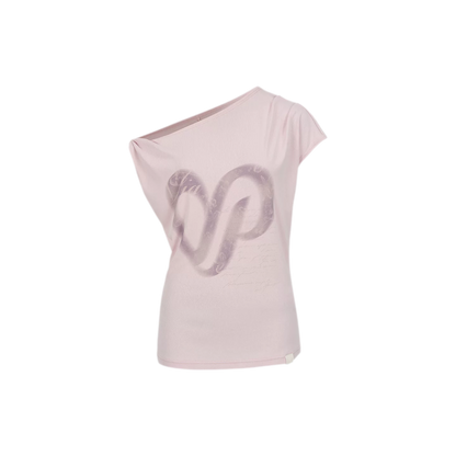 Asymmetric Shoulder Heart Logo Ruched Waist T-shirt