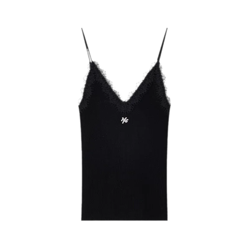 Feinstrick-Camisole aus Wolle mit Spitzenbesatz 100% Wolle