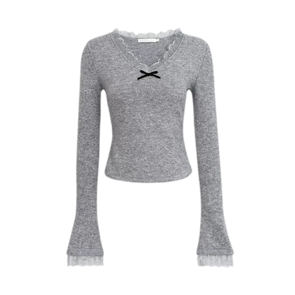 Lace Bow V-Neck Knit Top