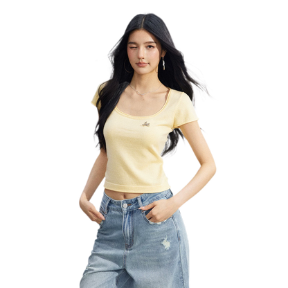 Candy Color U-Neck Short Sleeve T-Shirt