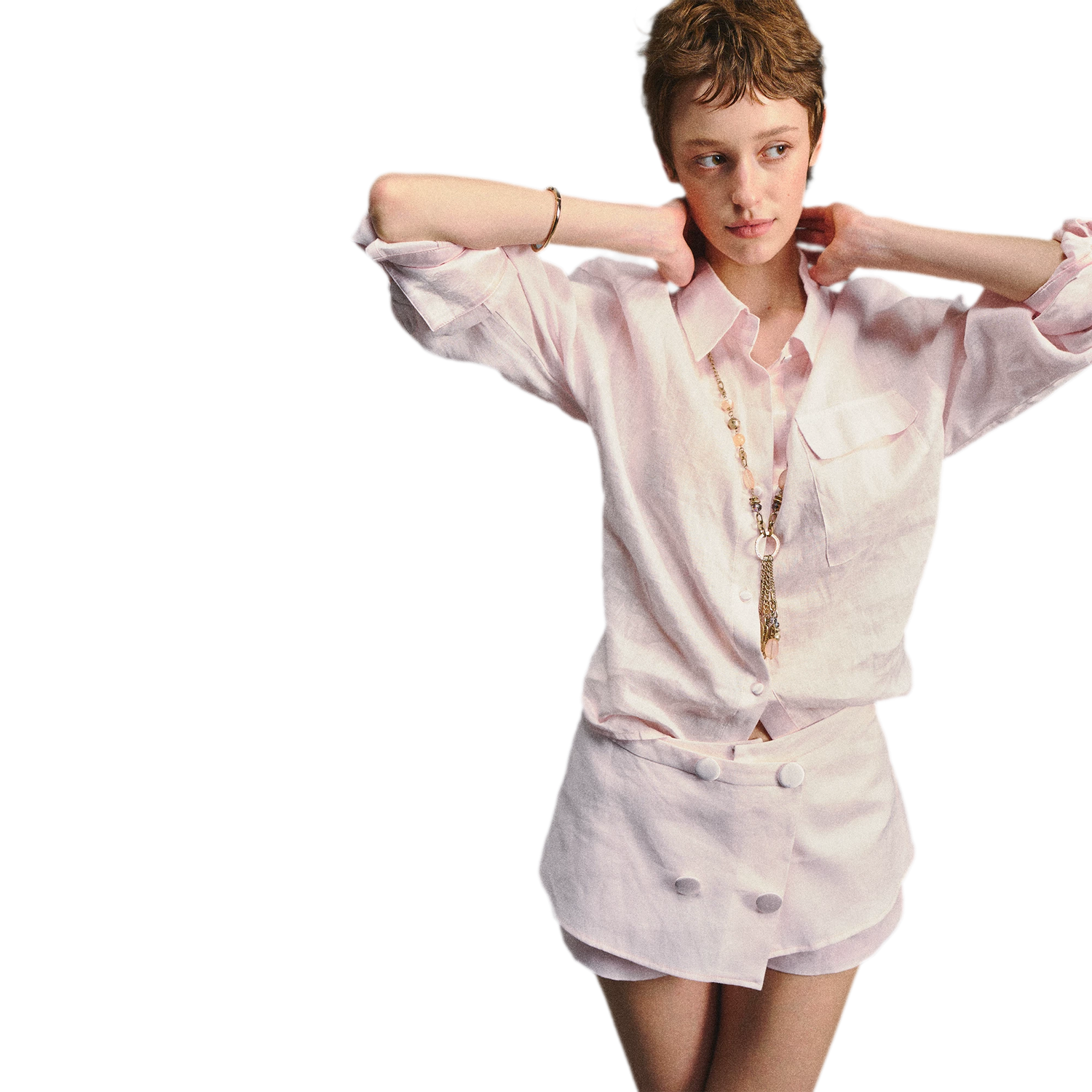 Linen Satin Waist-Cinched Shirt &amp; Skirt Set