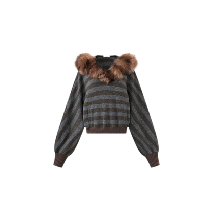 Striped Faux-Fur Collar Sweater