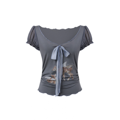 Korean Lyocell Deer Print Ribbon T-Shirt