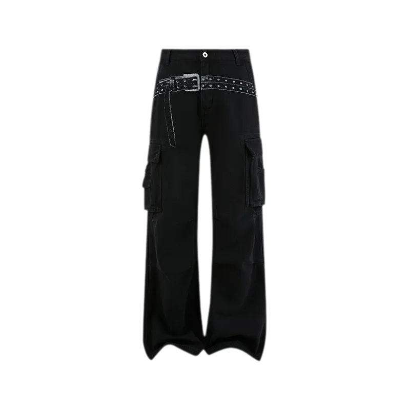 Washed Distressed Wide-Leg Cargo Pants