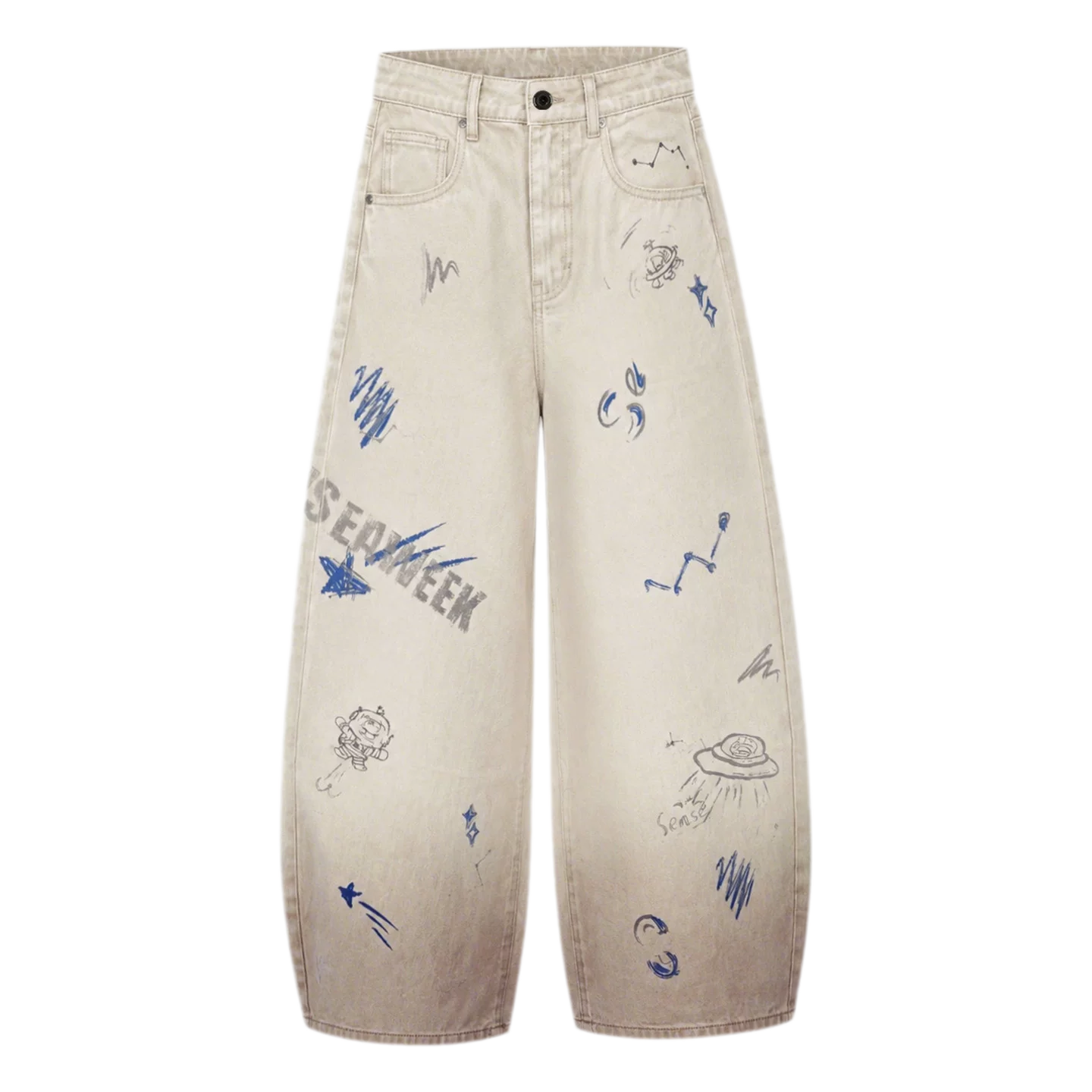 Washed Graffiti Wide-Leg Jeans