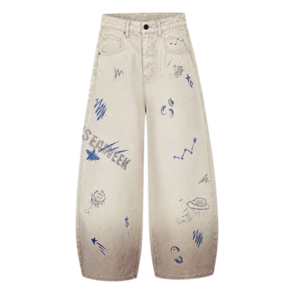 Washed Graffiti Wide-Leg Jeans