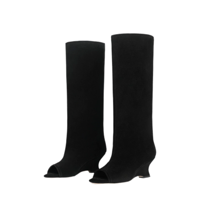 Suede Textured Open-Toe Wedge Boots