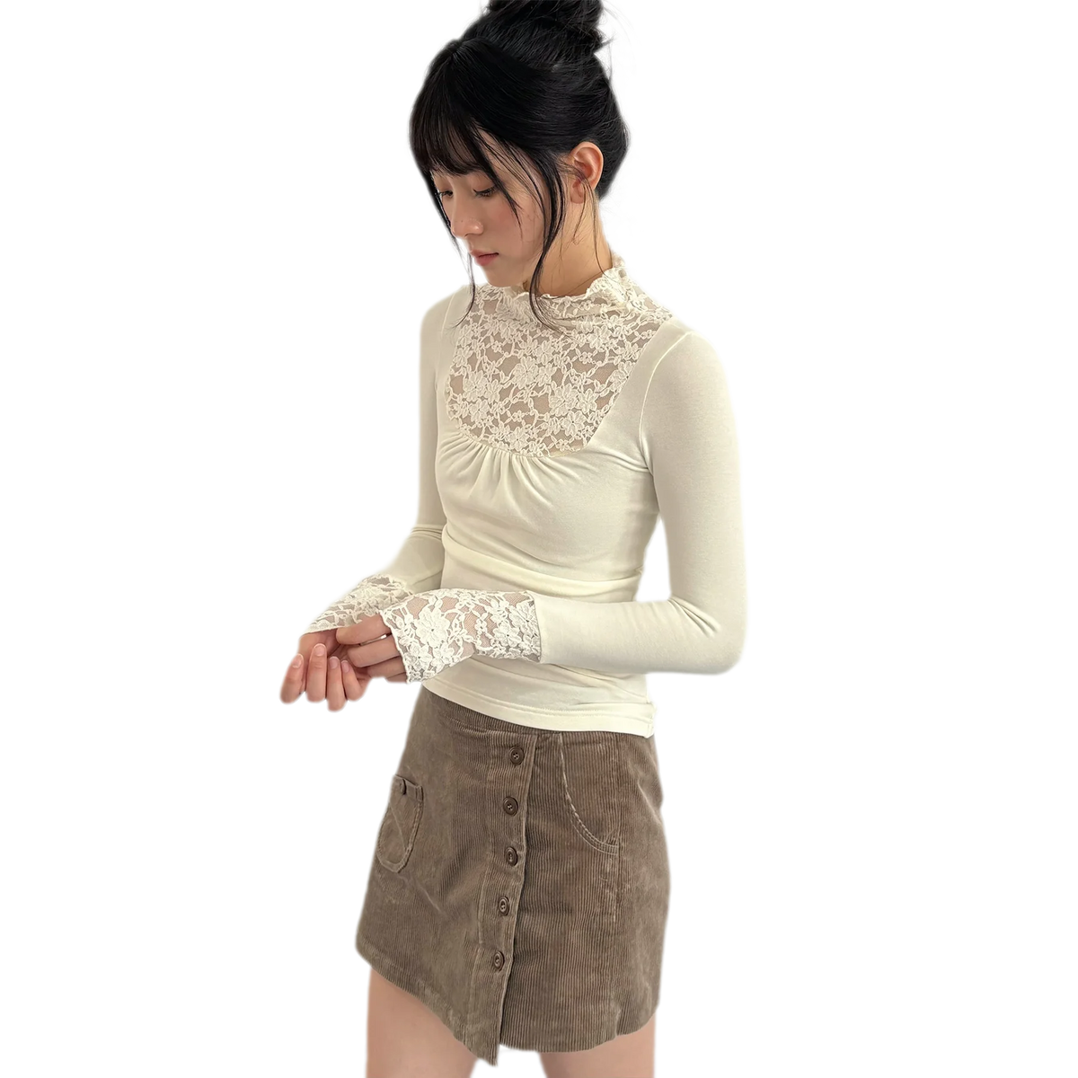 Lace Yoke Ruched Fitted Top