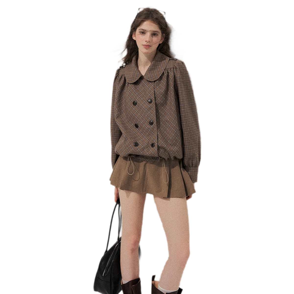 Conjunto de abrigo de cuadros con cuello Peter Pan