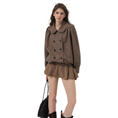 Conjunto de abrigo de cuadros con cuello Peter Pan