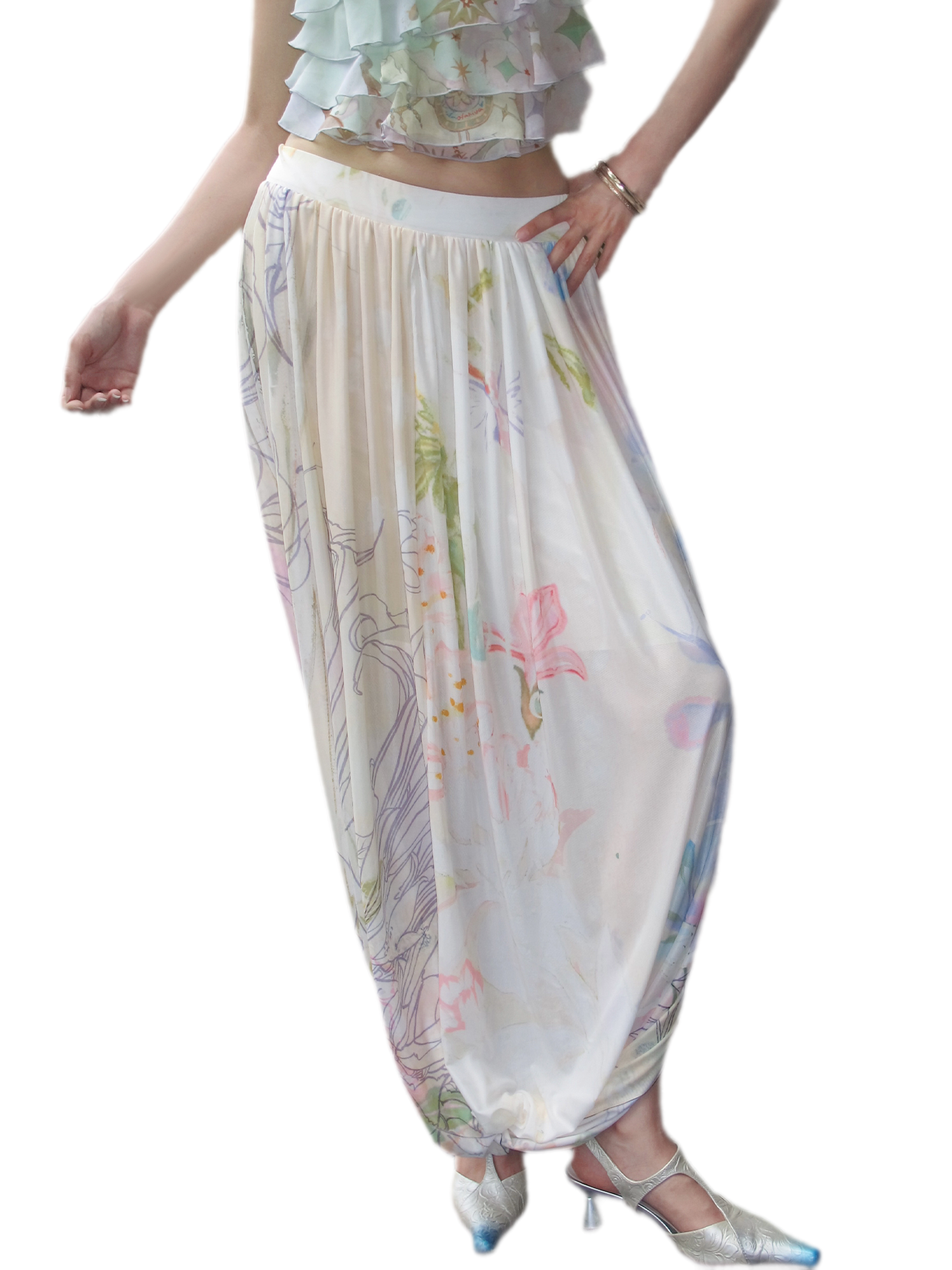 Printed Twist Mesh Long Skirt