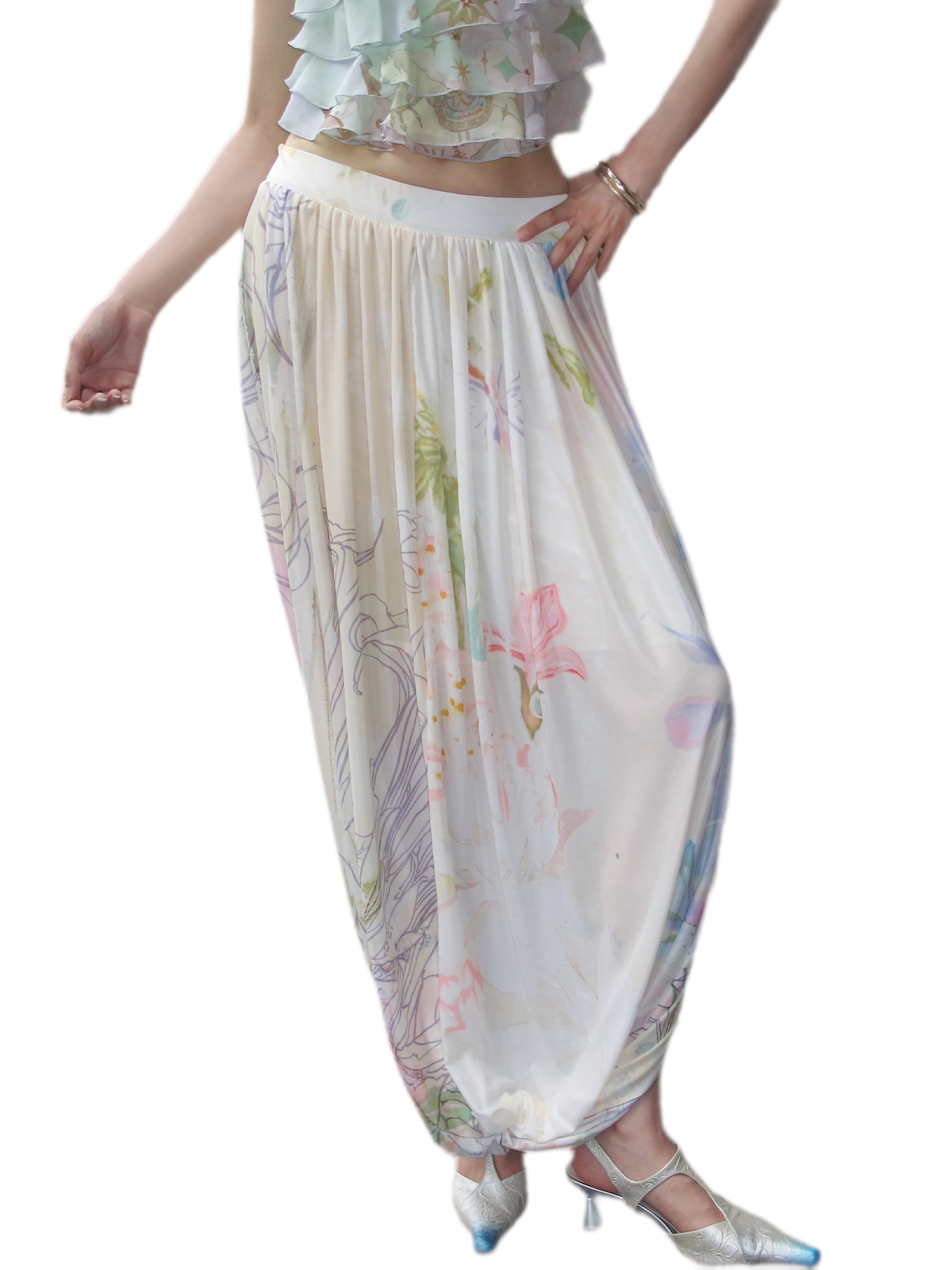 Printed Twist Mesh Long Skirt