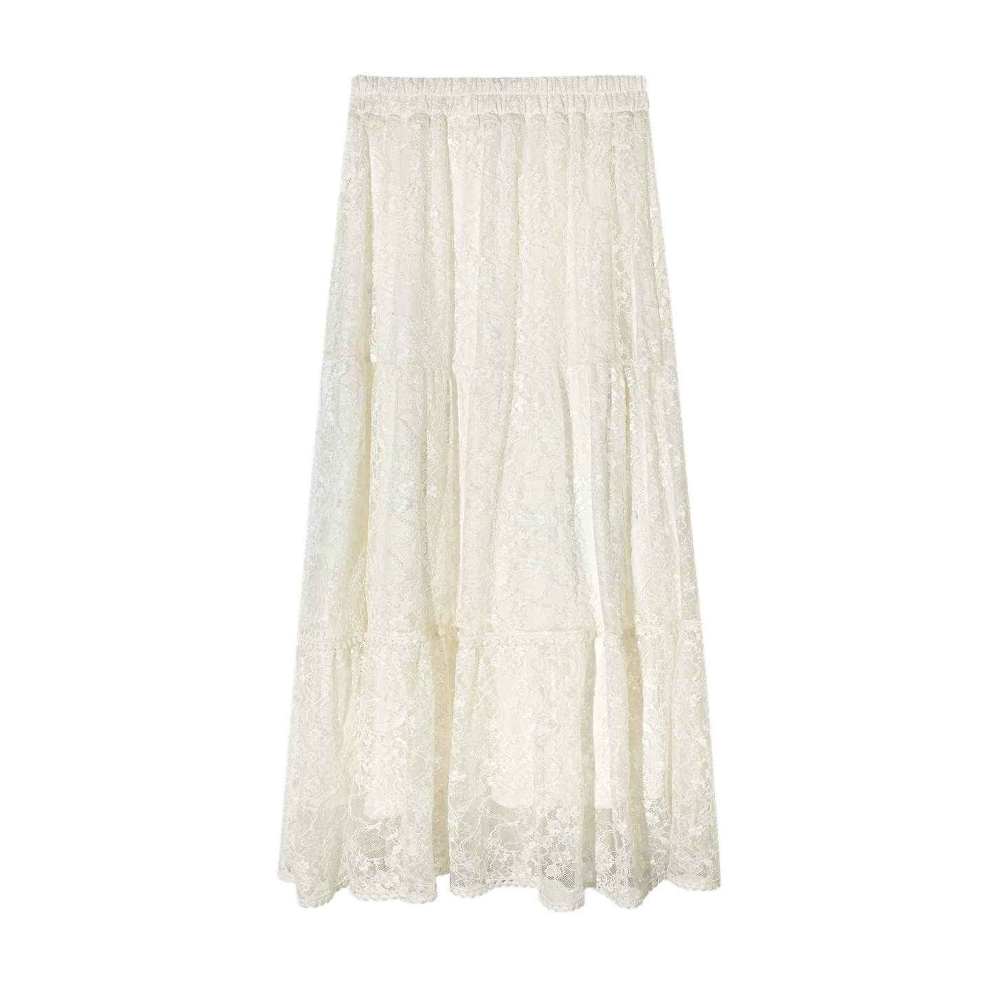Lace Trim Elastic Waist A-line Long Skirt