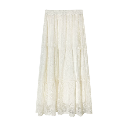 Lace Trim Elastic Waist A-line Long Skirt