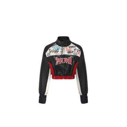 Appliqué Cropped Motorcycle Jacket