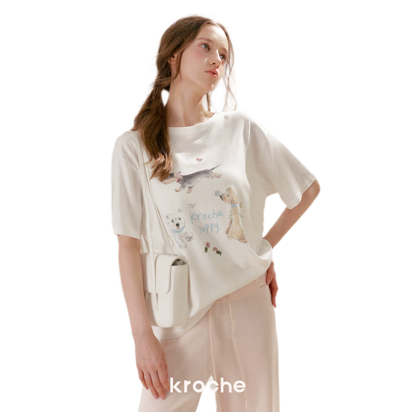 Tencel Cotton French Lace Puppy Print Asymmetric T-Shirt