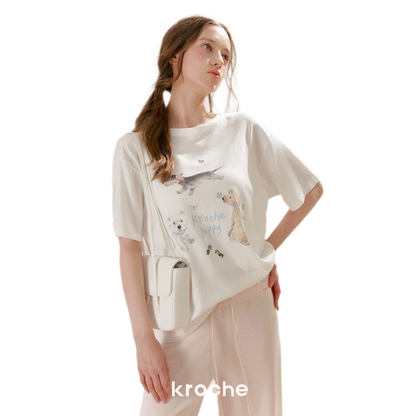 Tencel Cotton French Lace Puppy Print Asymmetric T-Shirt