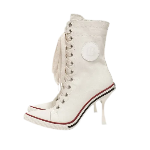 Canvas Lace-Up High-Heel Boots