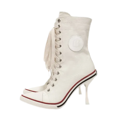 Canvas Lace-Up High-Heel Boots