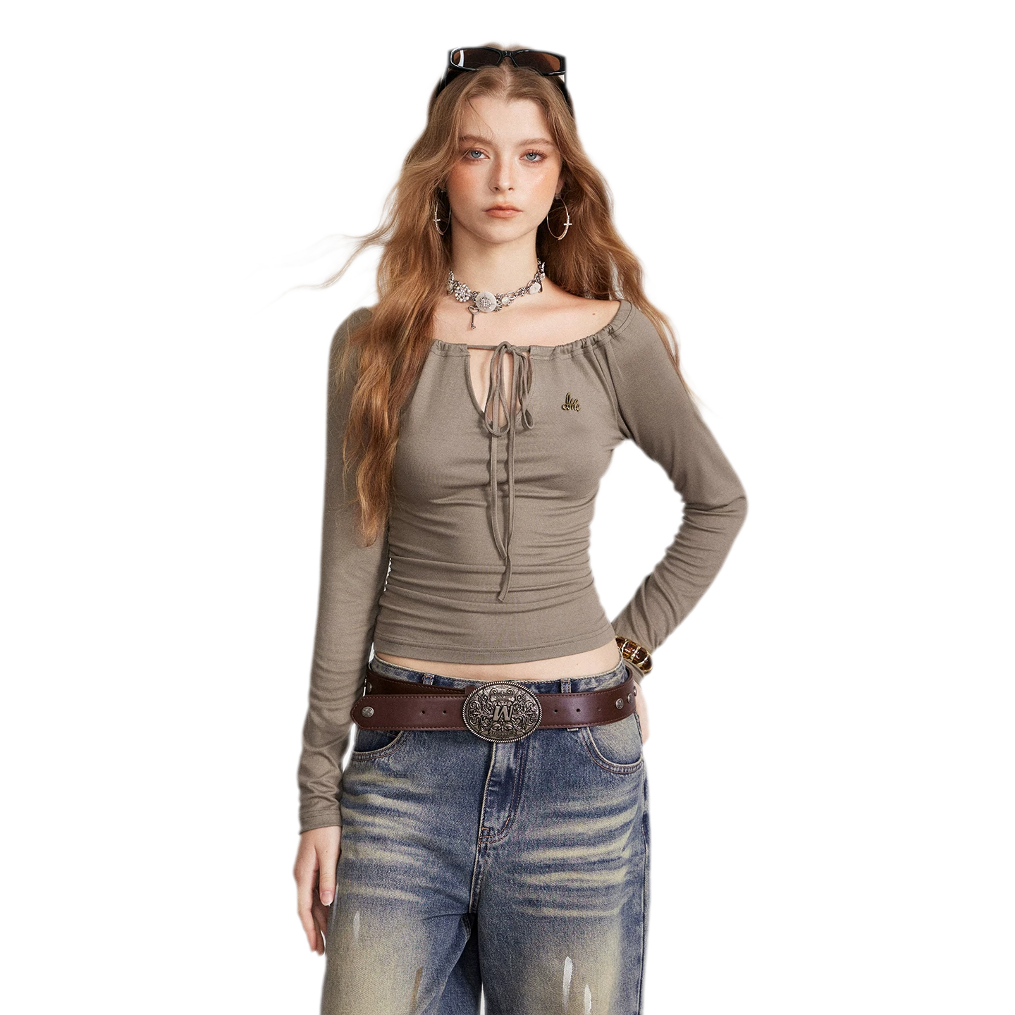 Drawstring Off-Shoulder Long-Sleeve Top