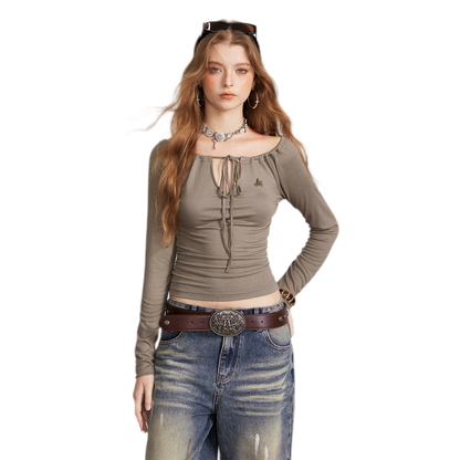 Drawstring Off-Shoulder Long-Sleeve Top