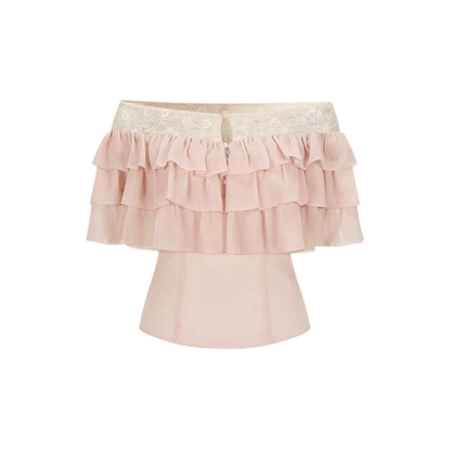 Layered Chiffon Lace Off-Shoulder T-Shirt