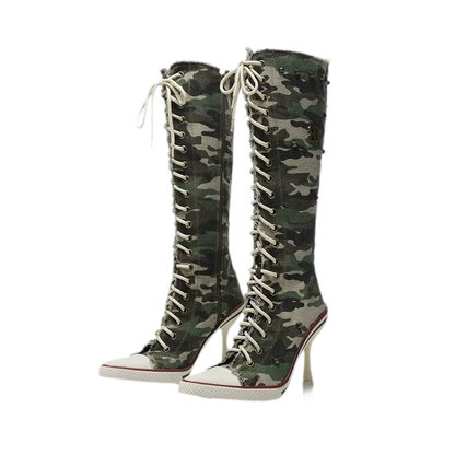 Studded Canvas Knee-High Boots